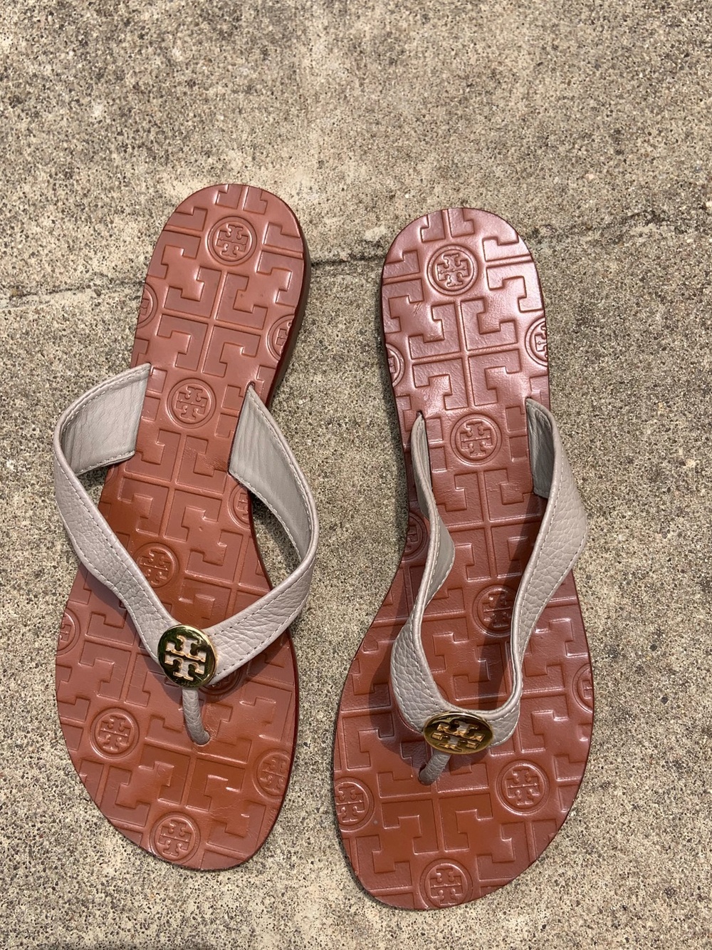 Tory Burch Taupe Leather Logo Flip Flops with Brown Footbed